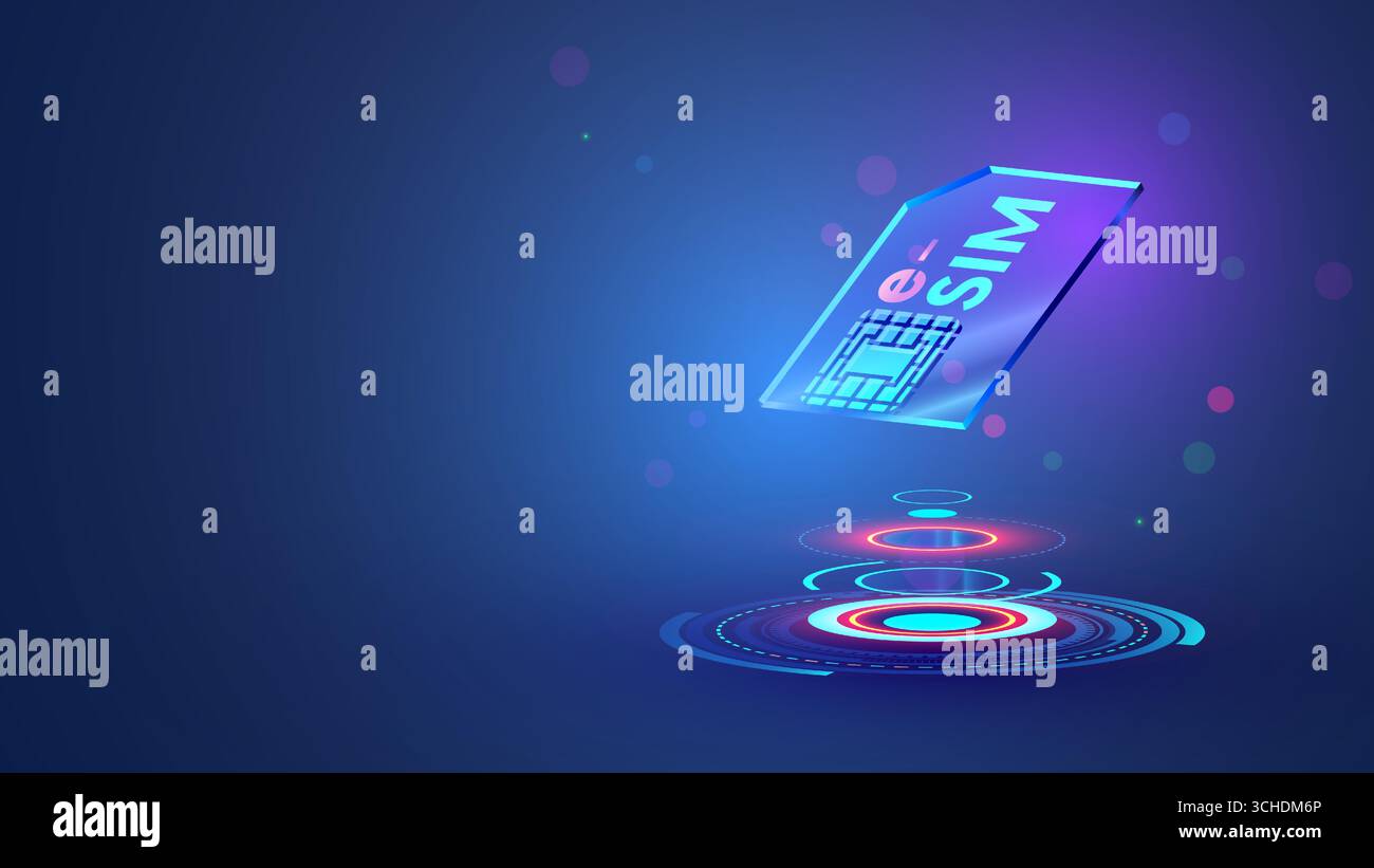 ESIM-Symbol hängt in der Luft 3D Cyberspace. Digitale virtuelle elektronische sim-Karte über digitales hud-Podium. Futuristischer Glasmobilkommunikationschip. E Stock Vektor