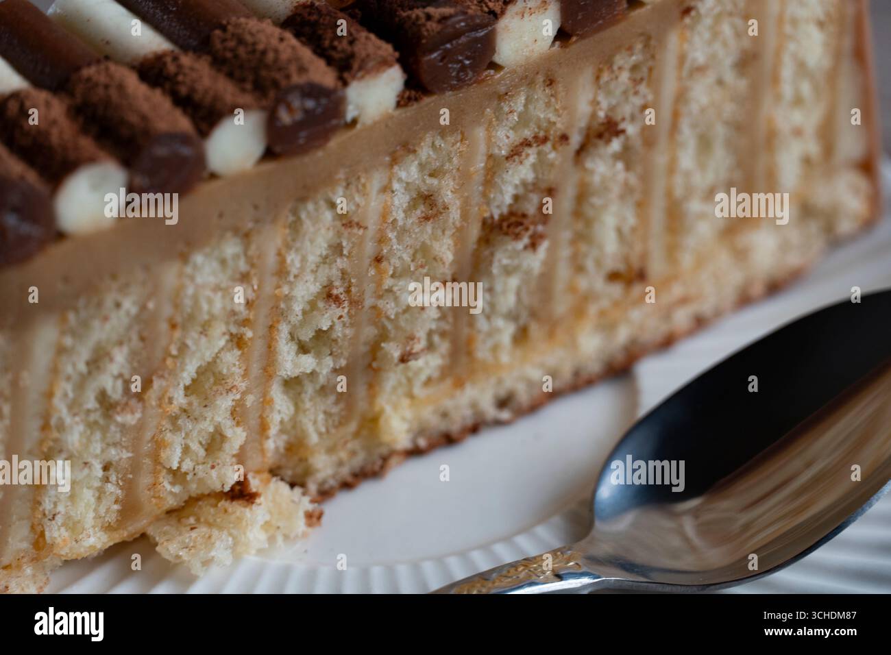 Nahaufnahme einer Schicht geschichteten Biskuittorte mit cremiger Füllung, gekrönt mit Schokoladendekorationen und verstaubtem Kakaopulver, serviert mit einem Löffel Stockfoto