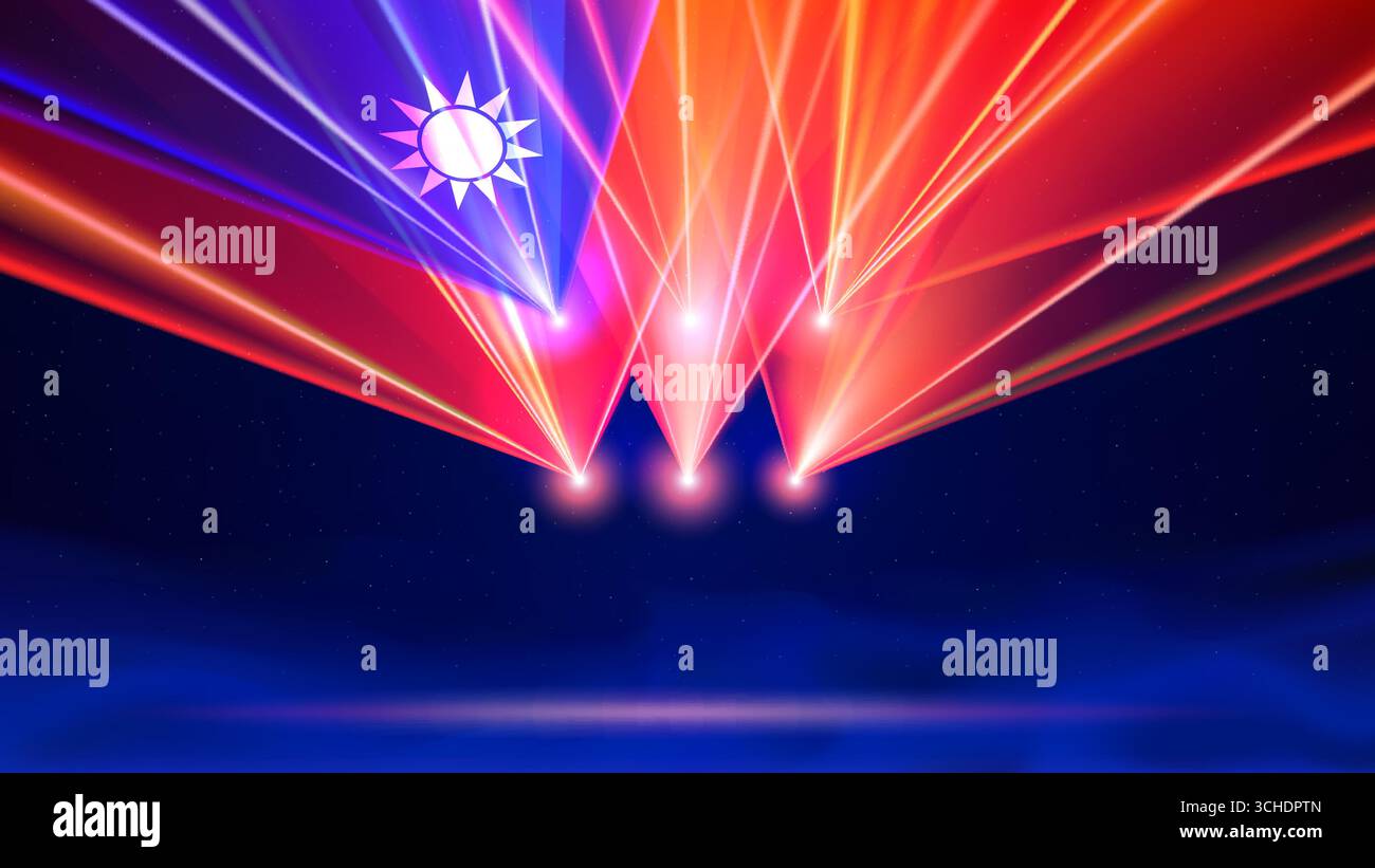 Laserflagge von taiwan. Lasershow auf dunkelblauem Hintergrund. Abstrakte taiwanesische Nationalflagge. Mehrfarbige Vorlage für Banner, Poster für Nationalfeiertag Stock Vektor