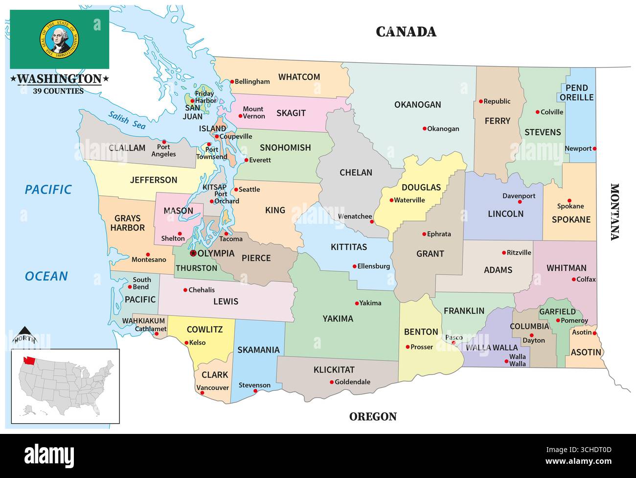 Landkarte des US-amerikanischen Bundesstaates Washington Stockfoto