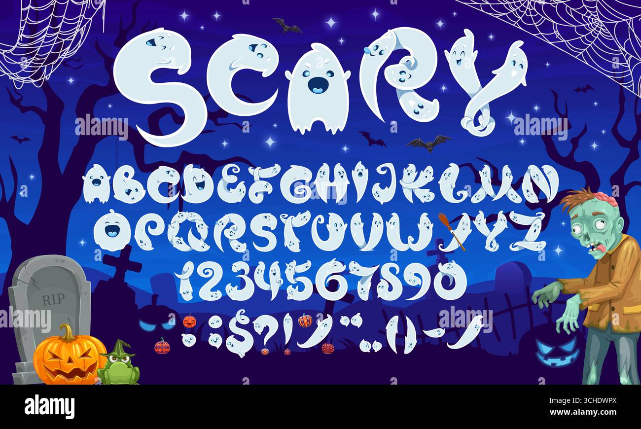 Halloween Geister Schriftart, gruselige Monster Schriftart, Zeichentrickfilm gruselige böse Schrift, Feiertags englisches Alphabet auf Friedhof Vektor Hintergrund. Halloween abc Buchstaben und Zahlen Schriftart von Geistern, Kürbissen und Zombies Stock Vektor