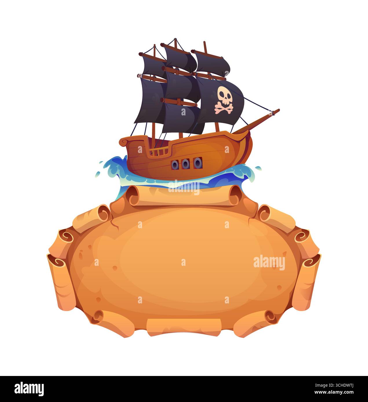 Karibik Piraten und Korsaren Spiel Cartoon Heraldik Banner mit Schiff, Vektorsymbol. Piratenspiel heraldisches Symbol des Fregatten-Segelboots mit Jolly Roger Schädel und Kreuzknochen auf Pergamentrollenrahmen Stock Vektor