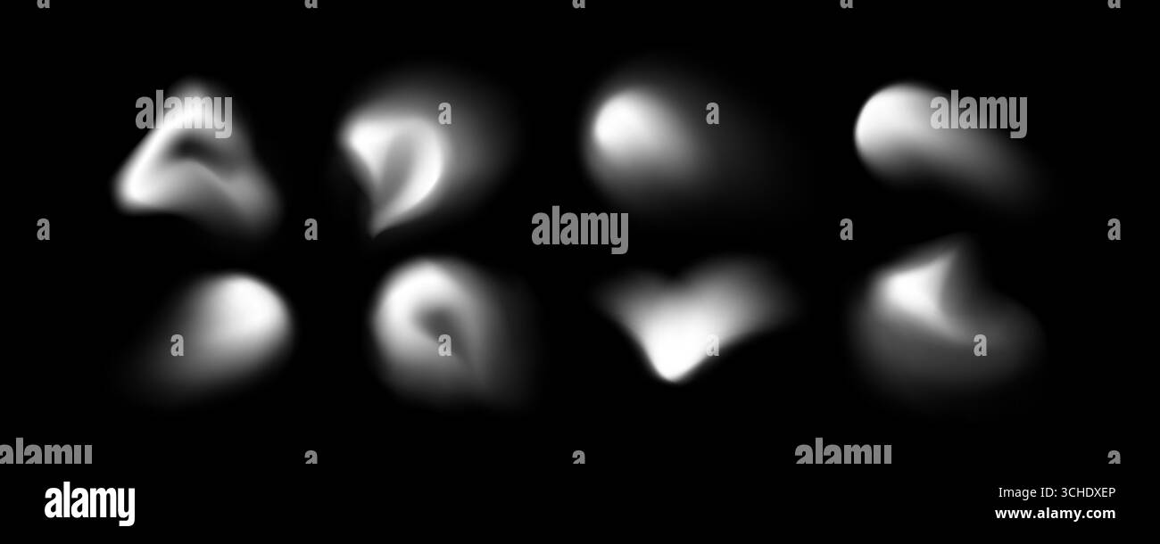 Blob-Kollektion mit weichen weißen Farbverläufen auf schwarzem Hintergrund für abstraktes Design und Überlagerungseffekte. Glatte, moderne organische Elemente mit diffusen, unscharfen Kanten und leuchtenden Flecken Stock Vektor