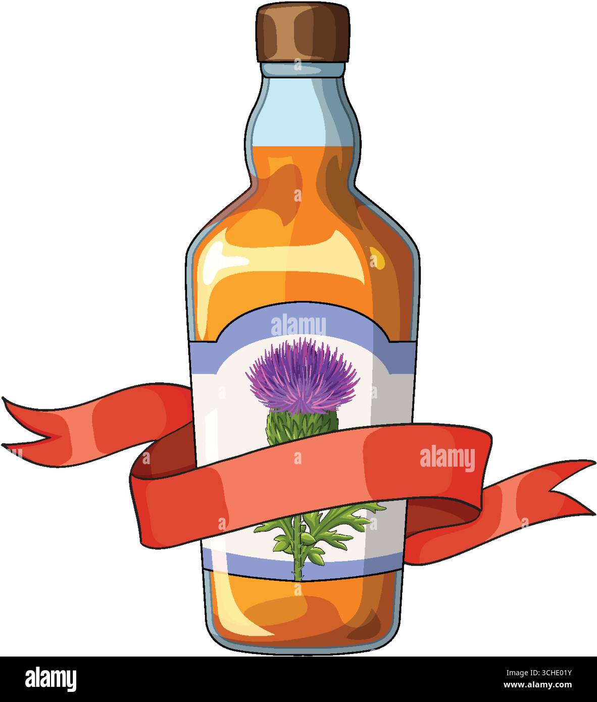 Cartoonvektor der Whiskey-Flasche mit Distelblüten-Etikett und fließendem rotem Band auf weiß. Stock Vektor