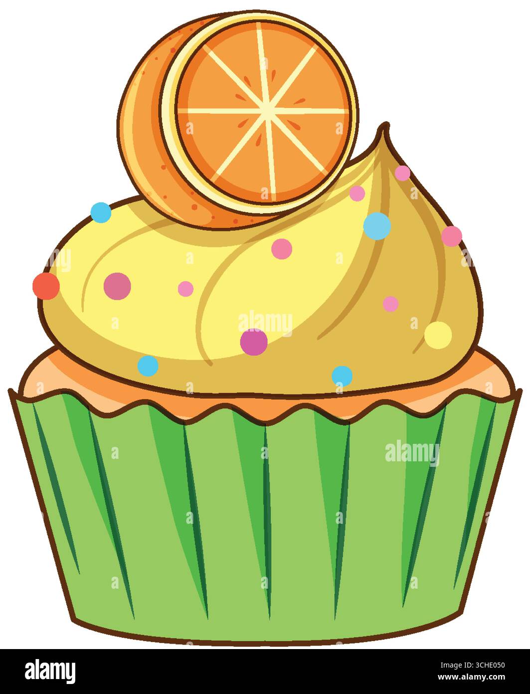 Cartoon-Vektor-Cupcake mit gelbem Zuckerguss, orangefarbener Scheibe, Streuseln und grüner Verpackung auf weißem Hintergrund. Stock Vektor