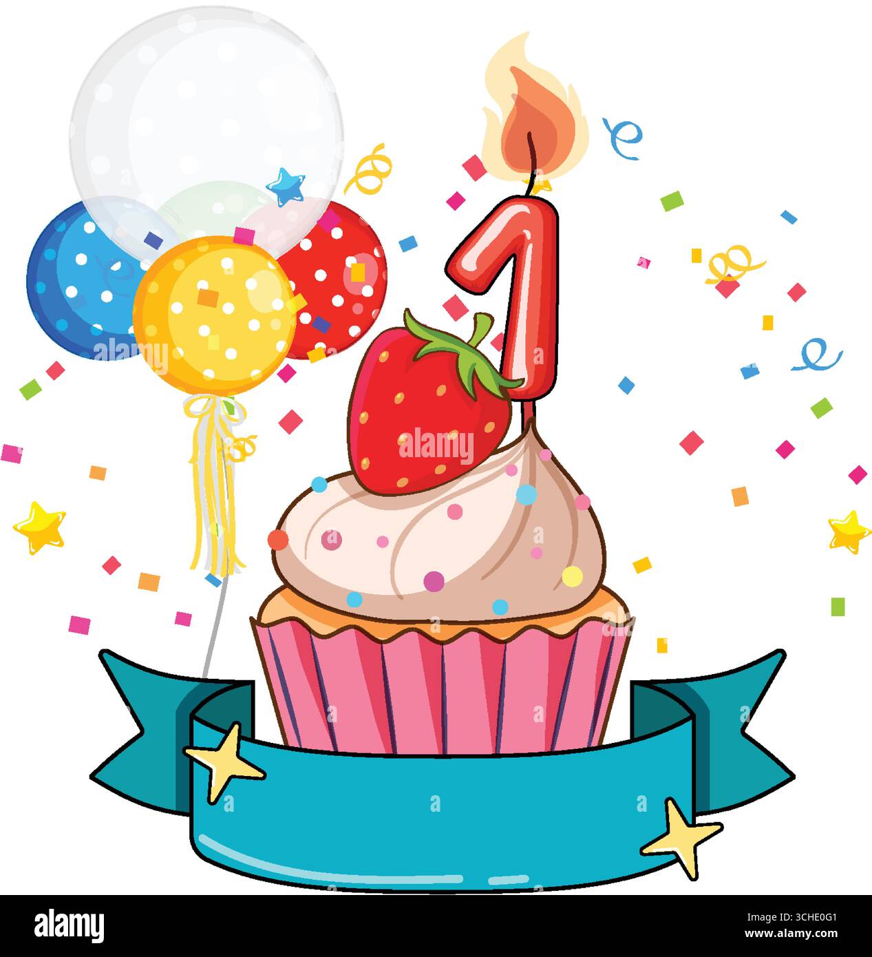 Fröhlicher Vektor-Cupcake mit Erdbeere, Kerze Nummer eins, Ballons, Konfetti und leerem Band-Banner. Stock Vektor