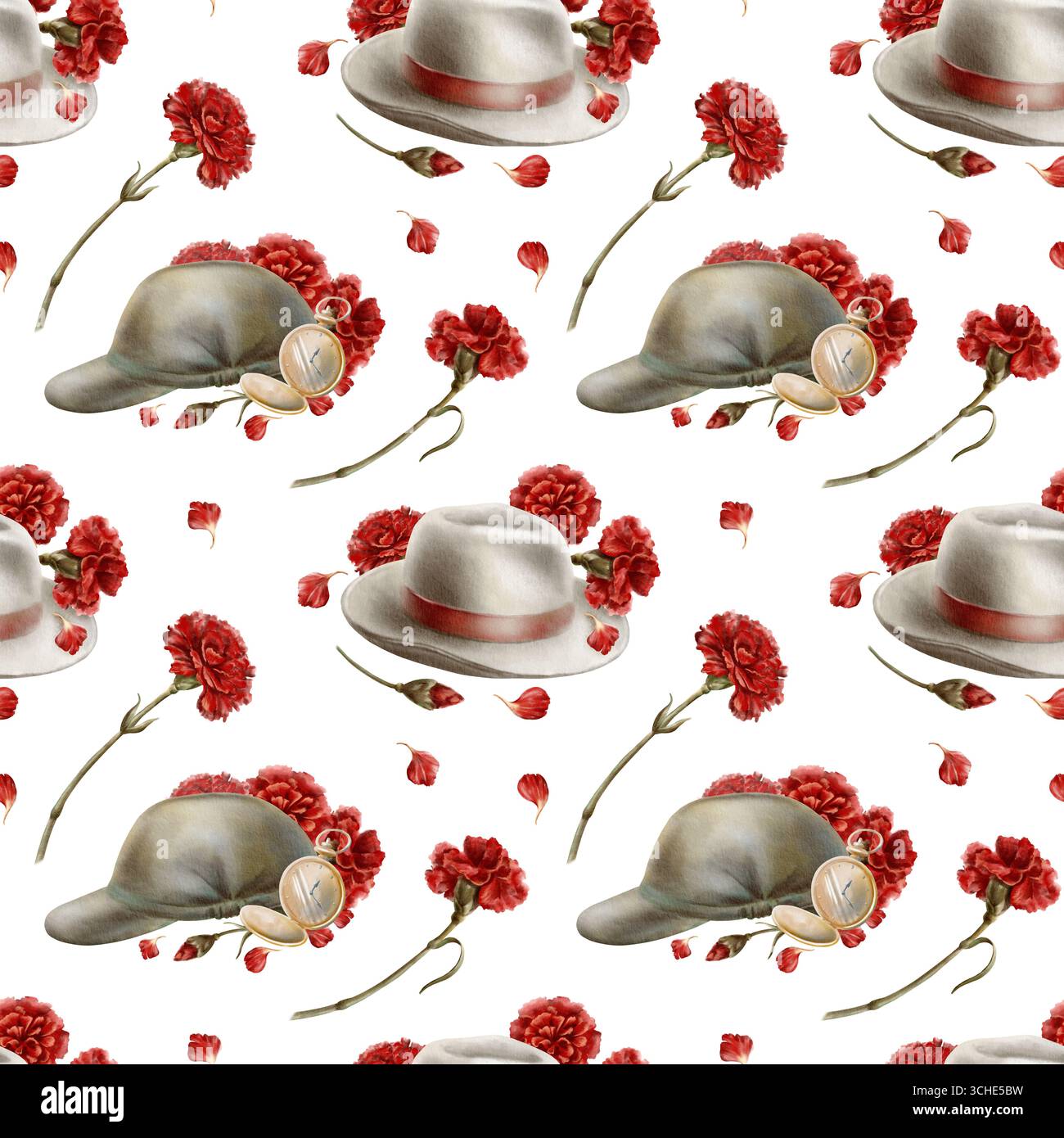 Die Nelkenrevolution von 1974 in Portugal, wo Zivilhut und Soldatenmütze zu Symbolen für die friedliche Flut wurden, entfaltet sich alle in roten Blüten Stockfoto