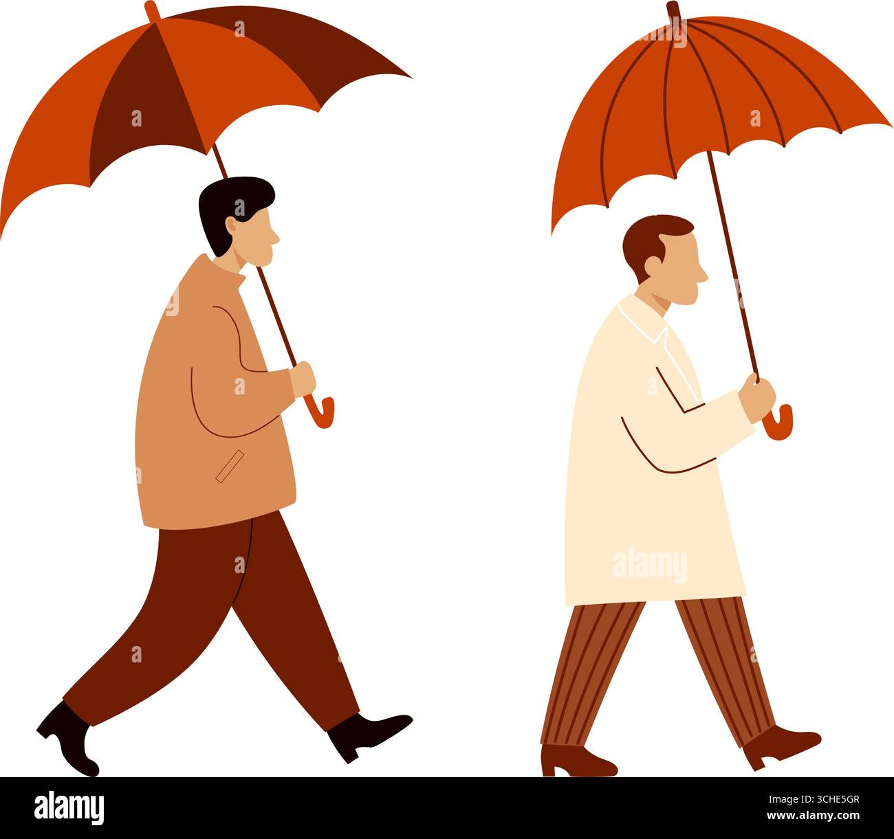 Mann mit Regenschirm. Isolierter saisonaler Charakter auf weißem Hintergrund. Minimalistischer flacher Stil. Vektorabbildung. Nicht AI Stock Vektor