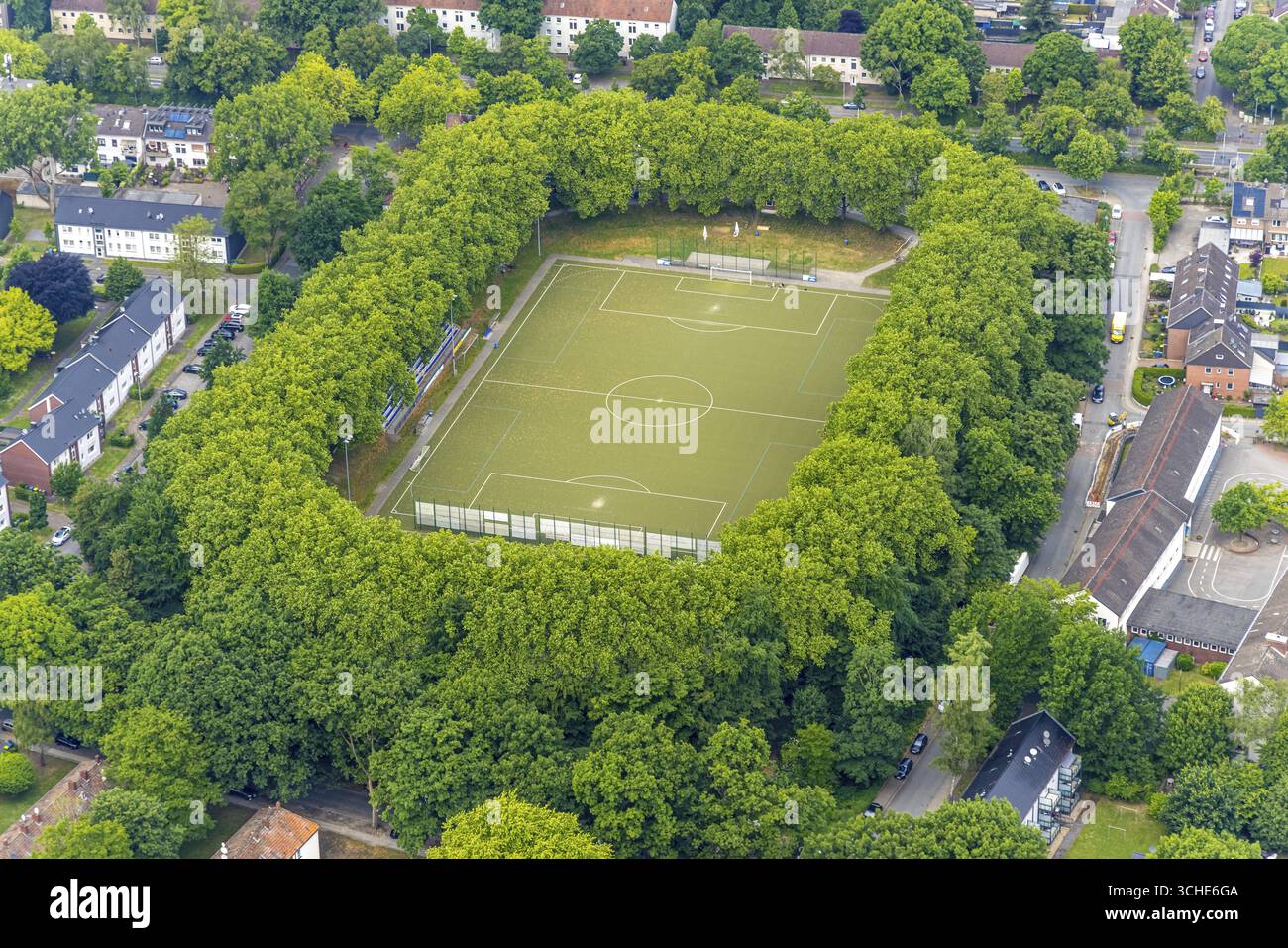 Aus der Vogelperspektive, Fußballstadion am Dicken Stein, Sportplatz mit Baumgrenze, Fußballverein Sterkrade 06/07, Tackenberg, Oberhausen, Ruhrgebiet, Norden Stockfoto