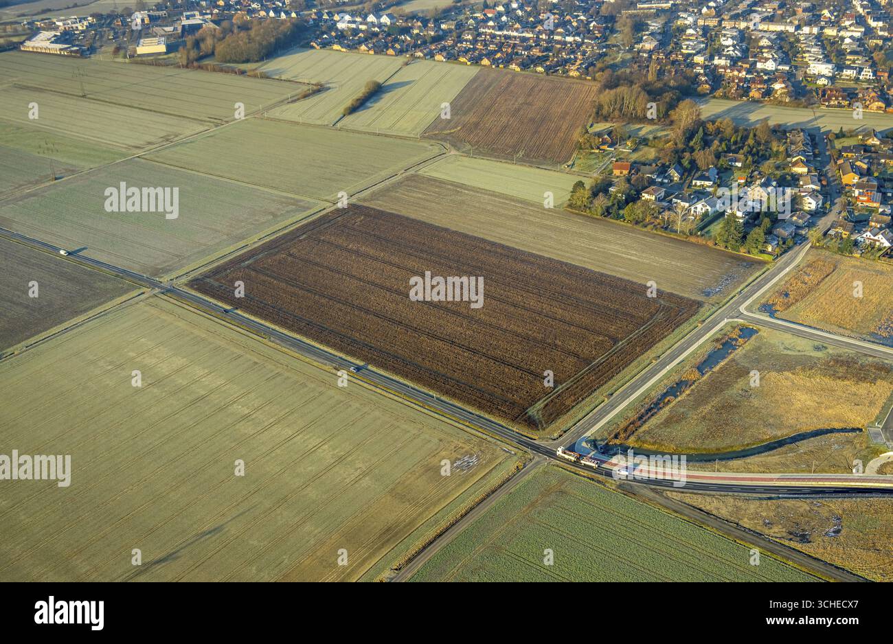 Luftaufnahme, Suedfeldweg Anschluss zum Bahnhof Westtuennen, Wiesen und Felder mit rechteckigem Muster, mögliches Baugebiet Dierhagenweg, Stockfoto