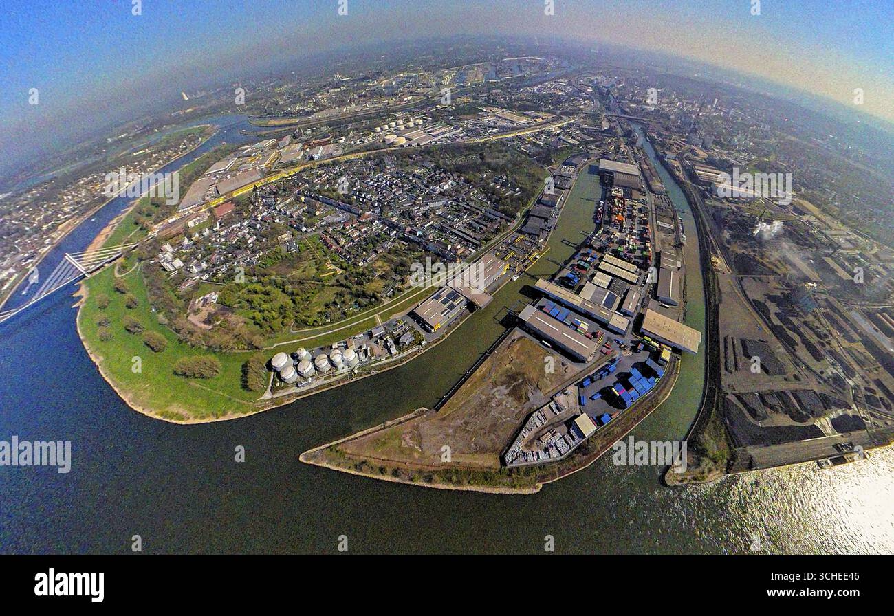 Luftaufnahme, Parallelhafen Neuenkamp und Außenhafen, Rhein, Erdkugel, Fischaugenbild, 360-Grad-Bild, winzige Welt, kleiner Planet, Fishe Stockfoto