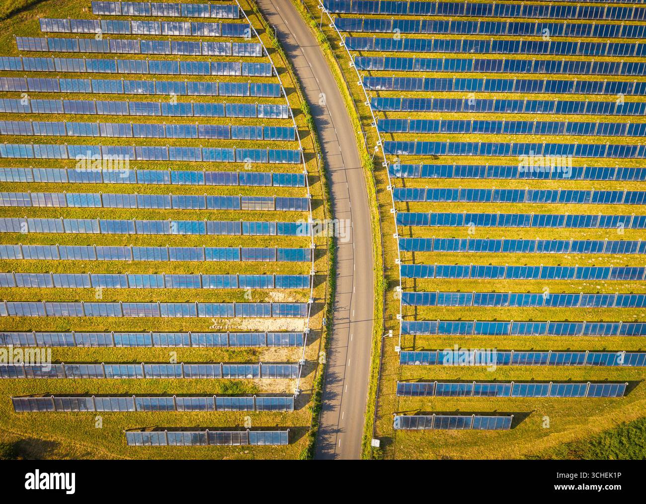 Blick von oben auf den großen Solarpark, der durch Straßen geteilt ist und die Erzeugung sauberer, erneuerbarer Energie darstellt Stockfoto