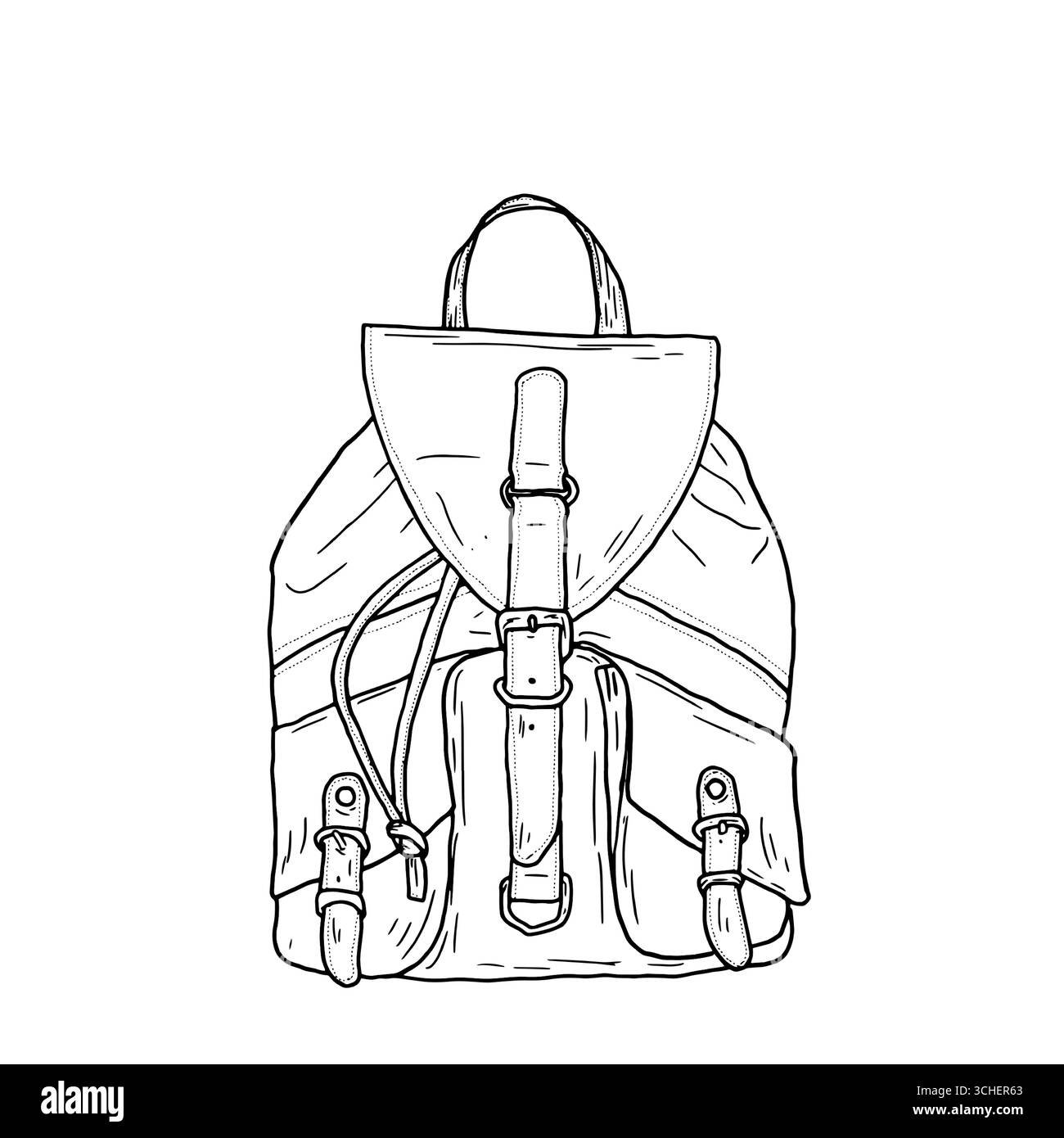 Rucksack für Schule und Wandern, Sketch. Vektorabbildung. Eleganter urbaner Rucksack, Tasche, isoliert auf weißem Hintergrund. Für Schüler und Schüler Stock Vektor