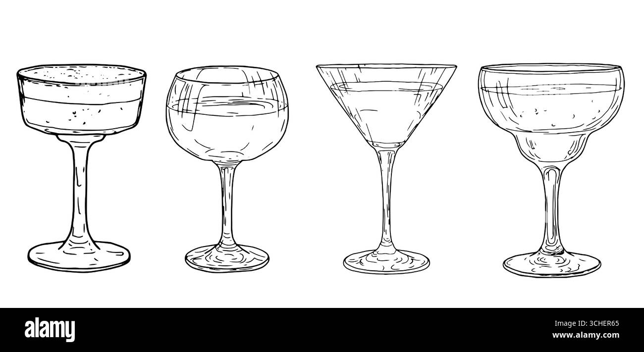 Eleganter Cocktail, Martini- oder Likörgläser, Schwarzweiß-Skizze. Vektorabbildung. Ein Geschirr für eine Bar oder einen Nachtclub, isoliert auf einem Wi Stock Vektor