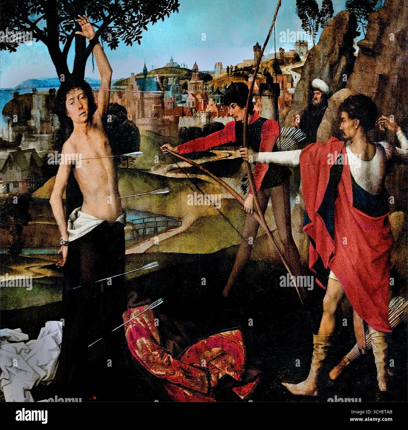Das Martyrium von St. Sebastian 1475 Hans Memling ( Memlinc ) 1430–1494 Deutsches Deutschland Museum Lille Frankreich. Hans Memlings das Martyrium von St. Sebastian (um 1475) ist ein Ölgemälde der nördlichen Renaissance, das das Martyrium des römischen Soldaten für seinen christlichen Glauben darstellt. Es zeigt Sebastians ruhige Ausdauer trotz Pfeilverletzungen, reiche Details, symbolische Symbolik (wie Pfeile und Palmwedel) und eine ruhige Landschaft. Humanismus und religiöse Hingabe, wobei die Pfeile auch die Pest symbolisieren, machen Sebastian zu einer Figur des Schutzes gegen sie. Stockfoto
