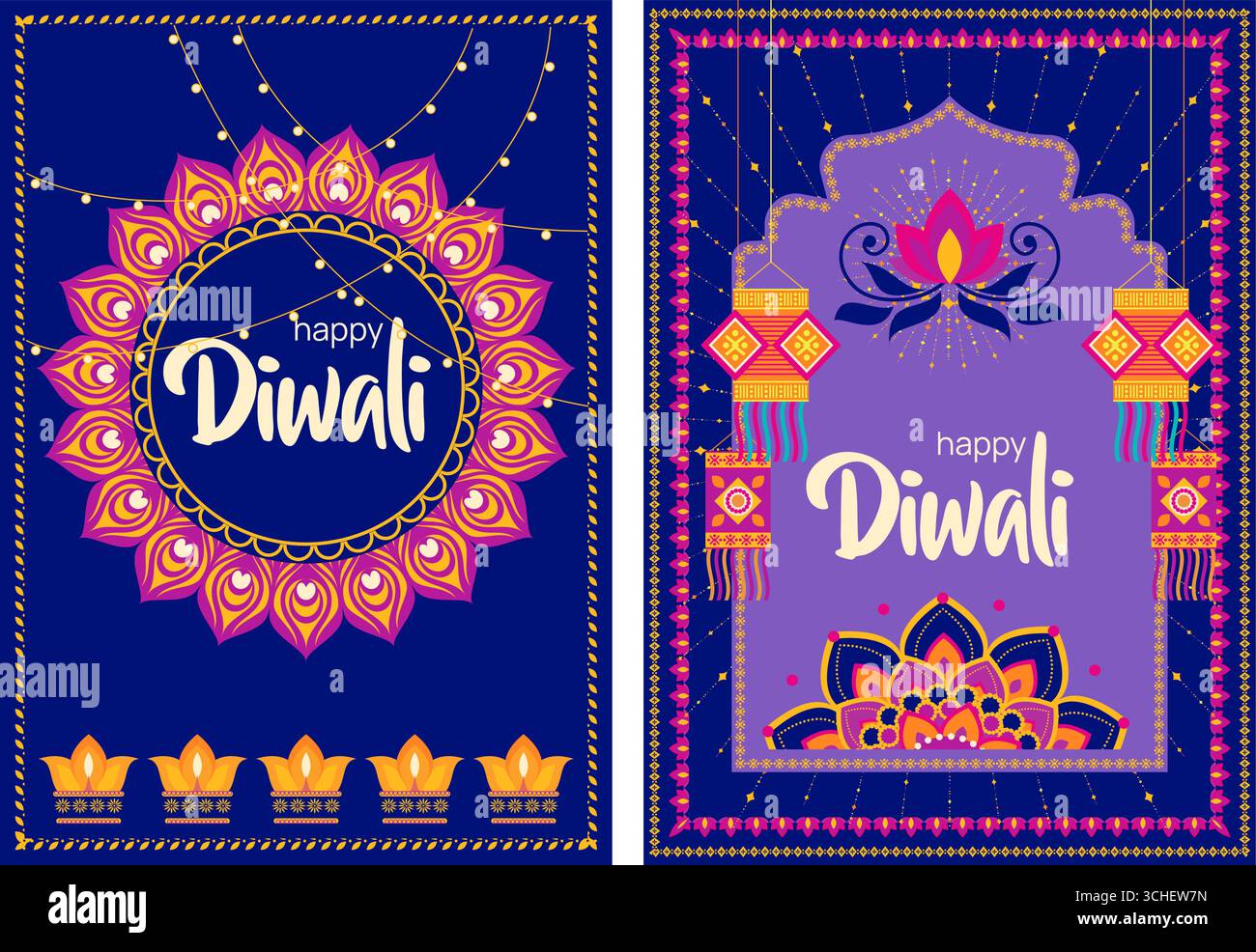 Lichterkette Mandala Diwali Rahmen Stock Vektor