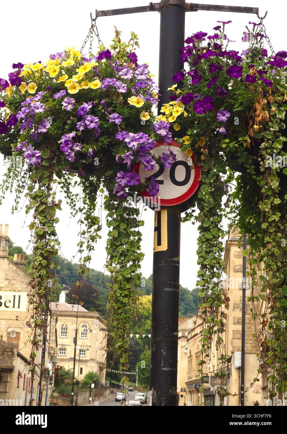 20 km/h Geschwindigkeitsbegrenzung mit hängenden Blumenkörben in voller Blüte. Themen – Fahrzeug, Fahren, Straßenschilder, Einschränkungen, Vorschriften, Straßenverkehrsordnung Stockfoto