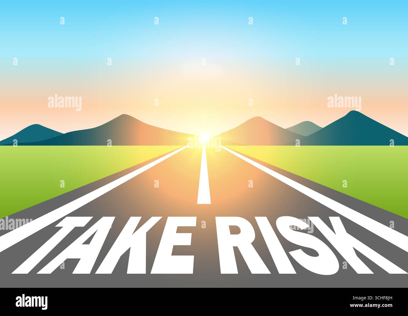 Gehen Sie Risiken Ein. Gehen Sie das Risiko ein, das auf der Asphaltstraße am wunderschönen Sonnenaufgang und Berg beschrieben ist. Weg, um Risiken einzugehen. Vektorabbildung. Stock Vektor
