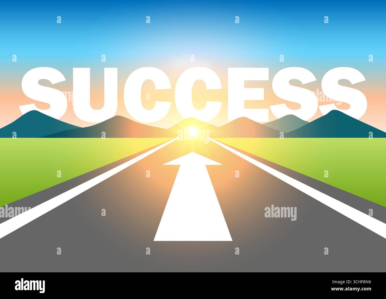 Erfolg. Der Erfolg wurde auf der Asphaltstraße am wunderschönen Sunrise and Mountain geschrieben. Weg zum Erfolg. Vektorabbildung. Stock Vektor