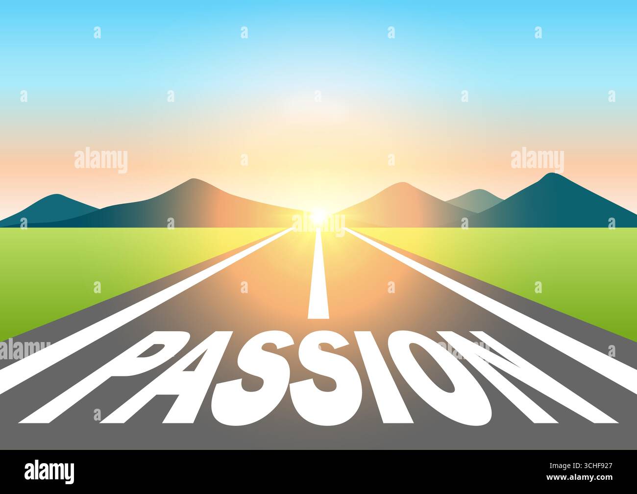 Leidenschaft. Passion geschrieben auf Asphaltstraße am wunderschönen Sunrise and Mountain. Der Weg zur Leidenschaft. Vektorabbildung. Stock Vektor