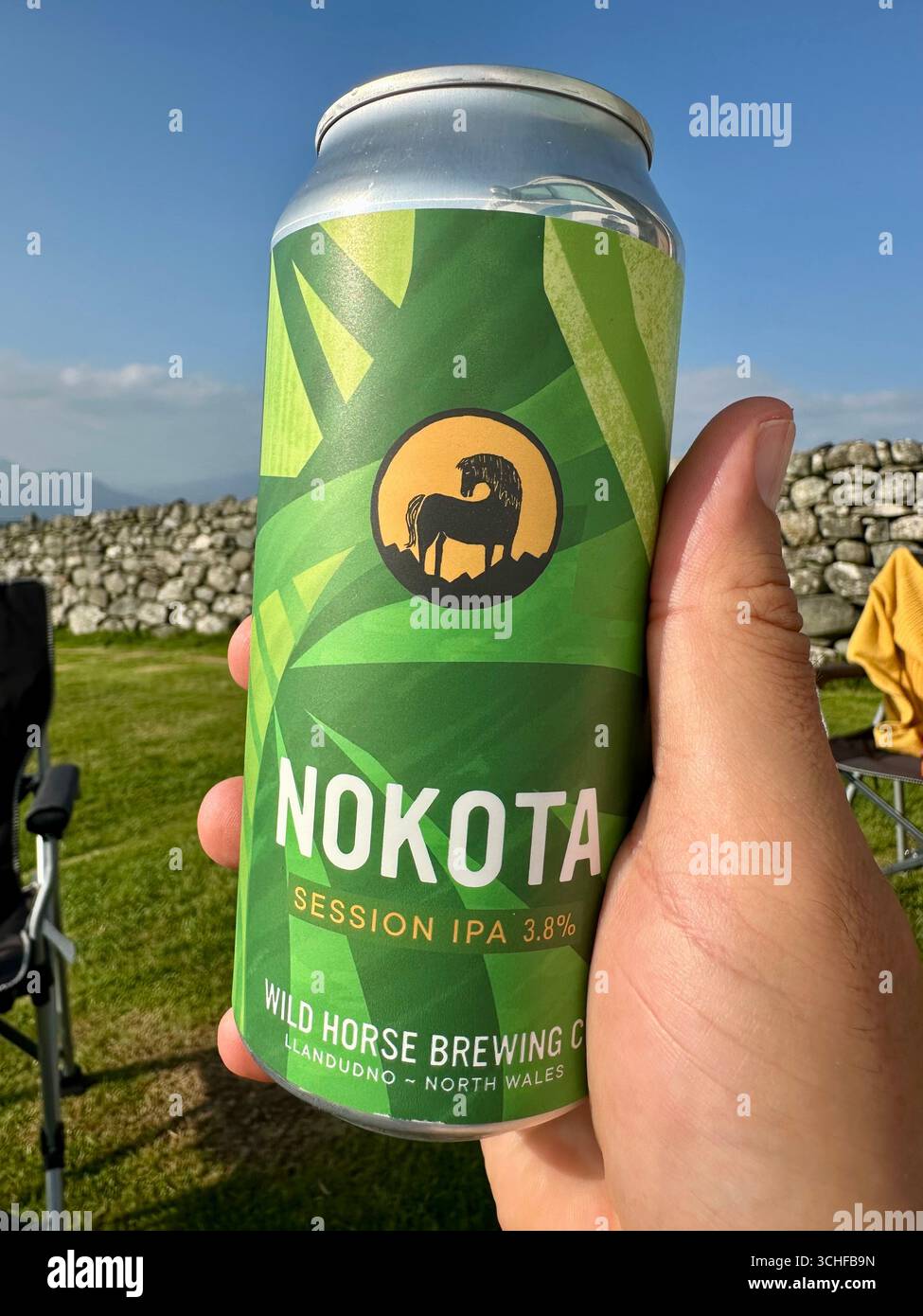 Eine Dose Nokota Session IPA von Wild Horse Brewing Co in einer Hand mit einer Wiese und einer Steinmauer im Hintergrund - Smartphone-aufgenommenes Stockfoto