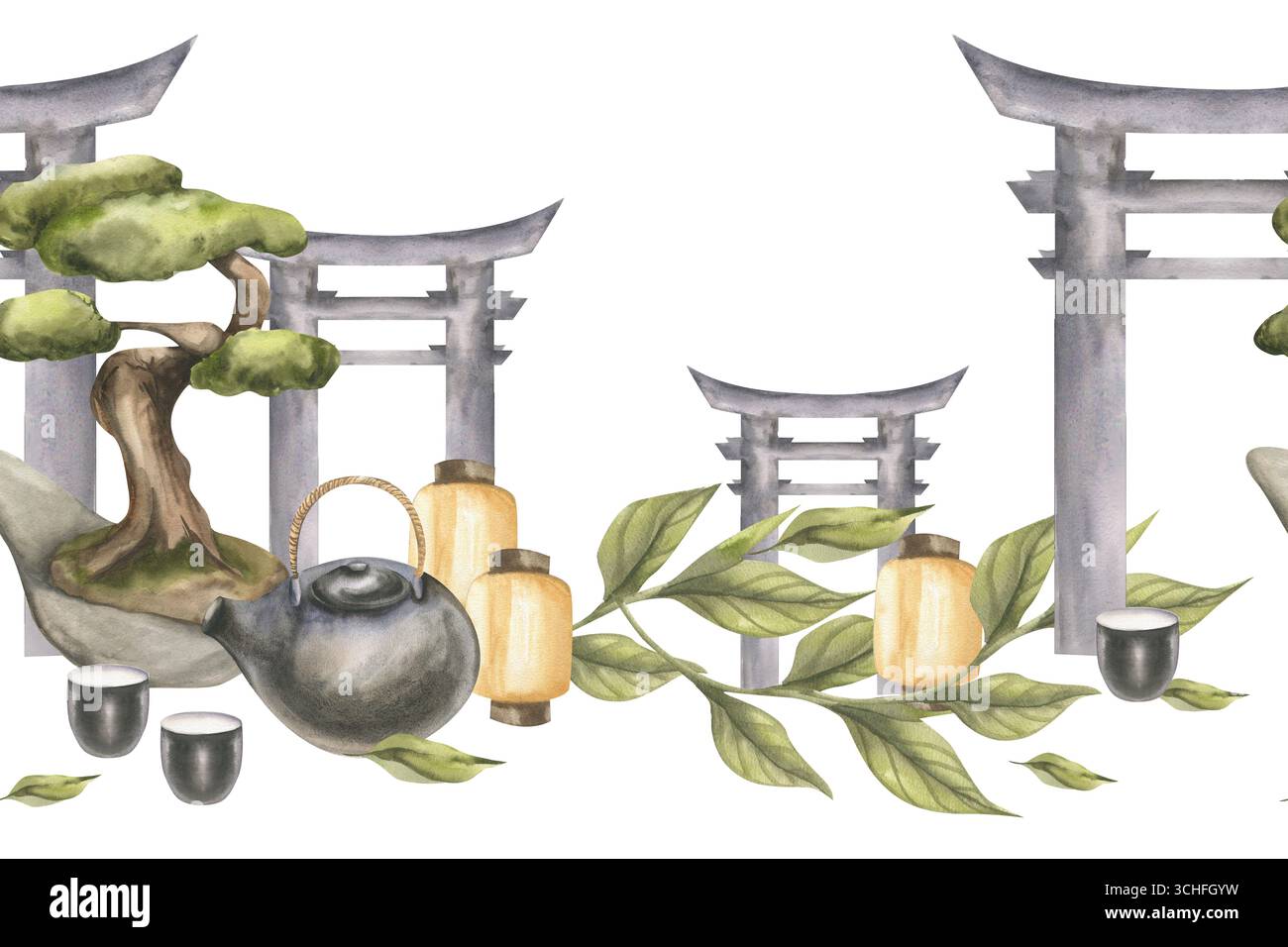 Nahtlose Grenze im japanischen Stil mit Bonsai-Baum, schwarzer Keramik-Teekanne, Papierlaterne, grünen Teeblättern und grauer Torii-Tor-Illustration. Oder Stockfoto