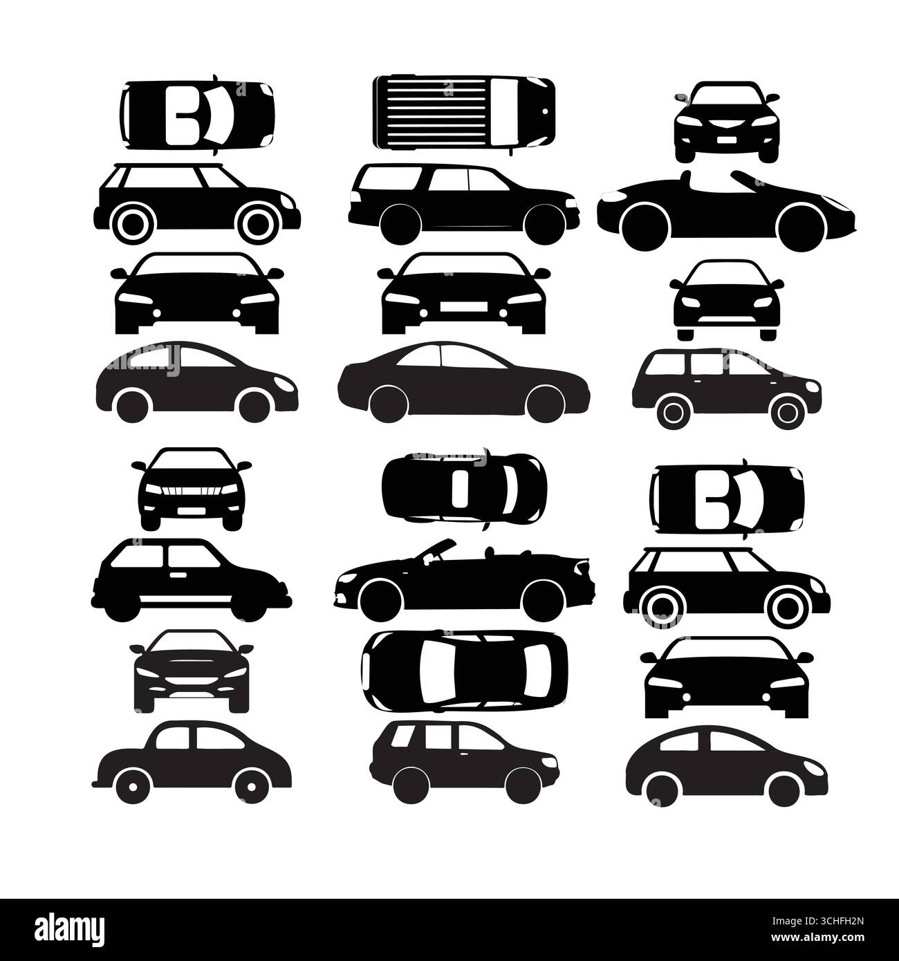Autosymbole und Fahrzeugsilhouetten für den Transport- und Automobilbereich Stock Vektor