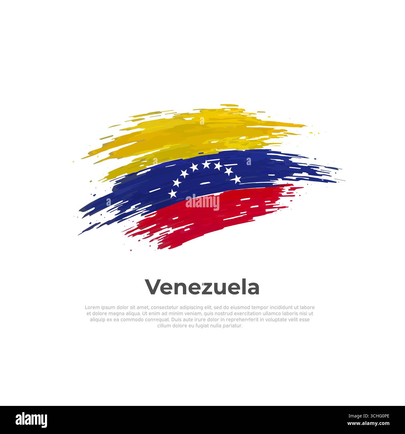 Venezolanische Flagge. Pinselstriche. Streifenfarben der venezolanischen Flagge auf weißem Hintergrund. Vektordesign, Vorlage nationales Poster mit Platz für Text Stock Vektor