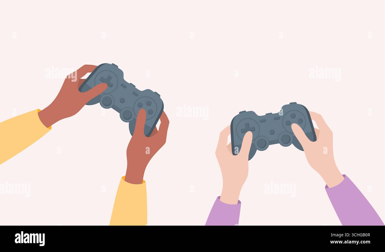 Freunde spielen Konsolenspiele. Zwei Handpaare mit verschiedenen Hauttönen halten Gamecontroller, Draufsicht. Illustration des flachen Vektors Stock Vektor