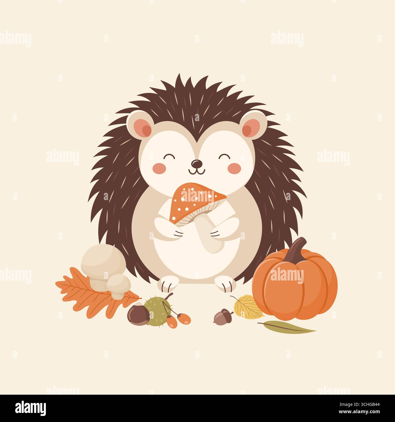 Lächelnder Igel mit Pilz, Herbstblätter, Kürbis und Pilze. Illustration des flachen Vektors Stock Vektor
