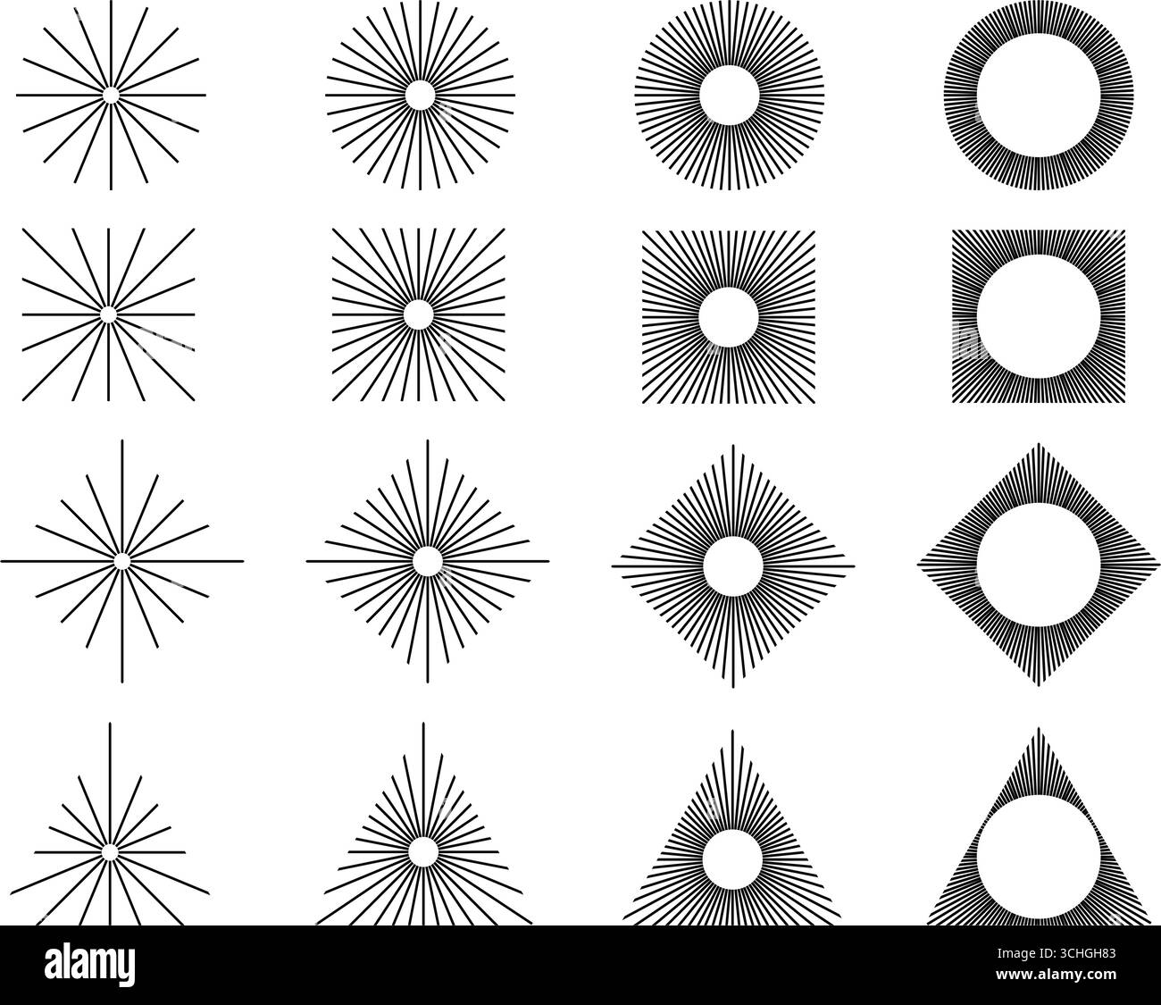 Gerade radiale Linien in Kreis-, Quadrat-, Rauten- und Dreiecksform. Symbole für Sonnenstrahlen. Sonnenschilder. Symbole für Strahlkraft, Explosion oder Feuerwerk auf weißem Hintergrund. Vektorgrafik. Stock Vektor