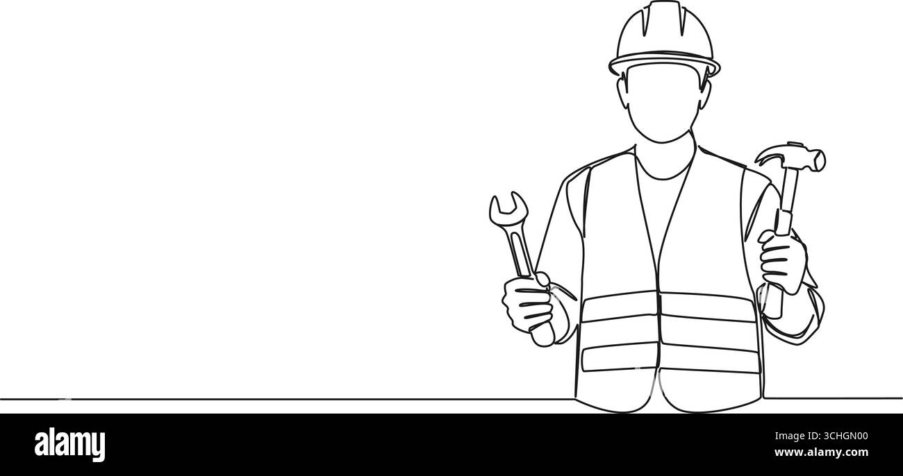 Durchgehende einzeilige Zeichnung des Bauarbeiters, der Werkzeuge in beiden Händen hält, Strichgrafik-Vektor-Illustration Stock Vektor