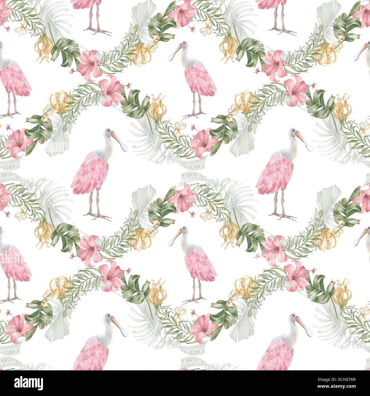 Tropische Dschungel-Aquarelle, nahtloses Muster isoliert. Palmblätter, rosa Löffelschnabel und handbemalte Blumen. Botanischer Hintergrund mit exotischem Hintergrund Stockfoto