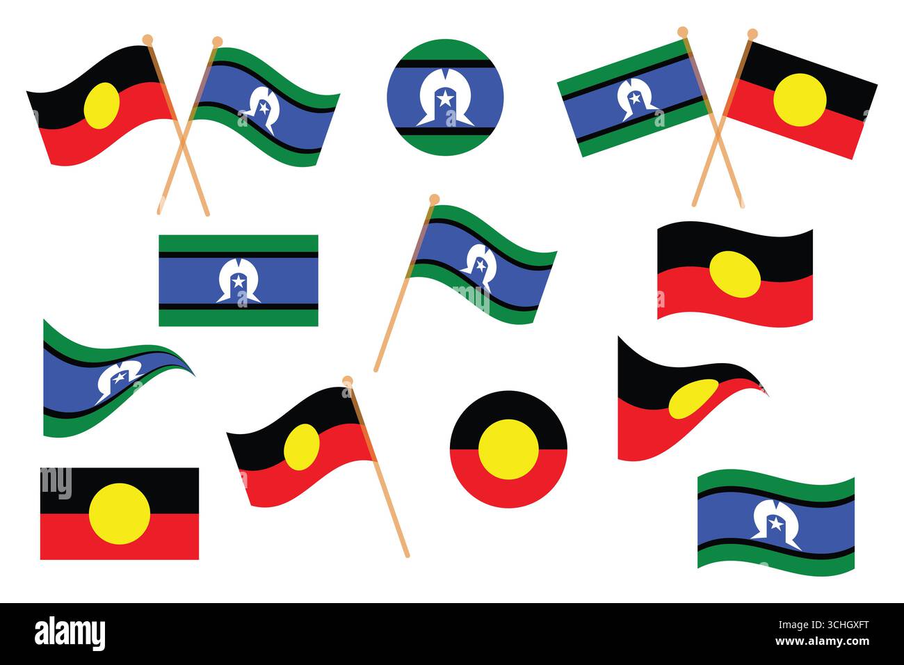 Flagge der aborigines, Flagge der torres Strait Inselbewohner, australische Ureinwohner, Flagge von australien, australien und torres Meerenge, Nationalflagge, kulturelle Identität, Stock Vektor