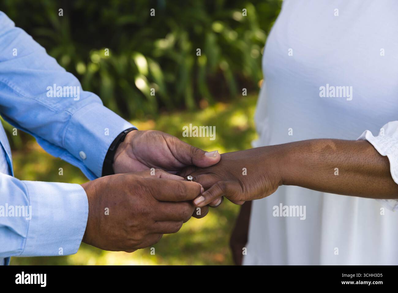 Bei der Hochzeit tauscht ein Seniorenpaar im Freien Ringe aus, um gemeinsam Liebe und Engagement zu feiern Stockfoto