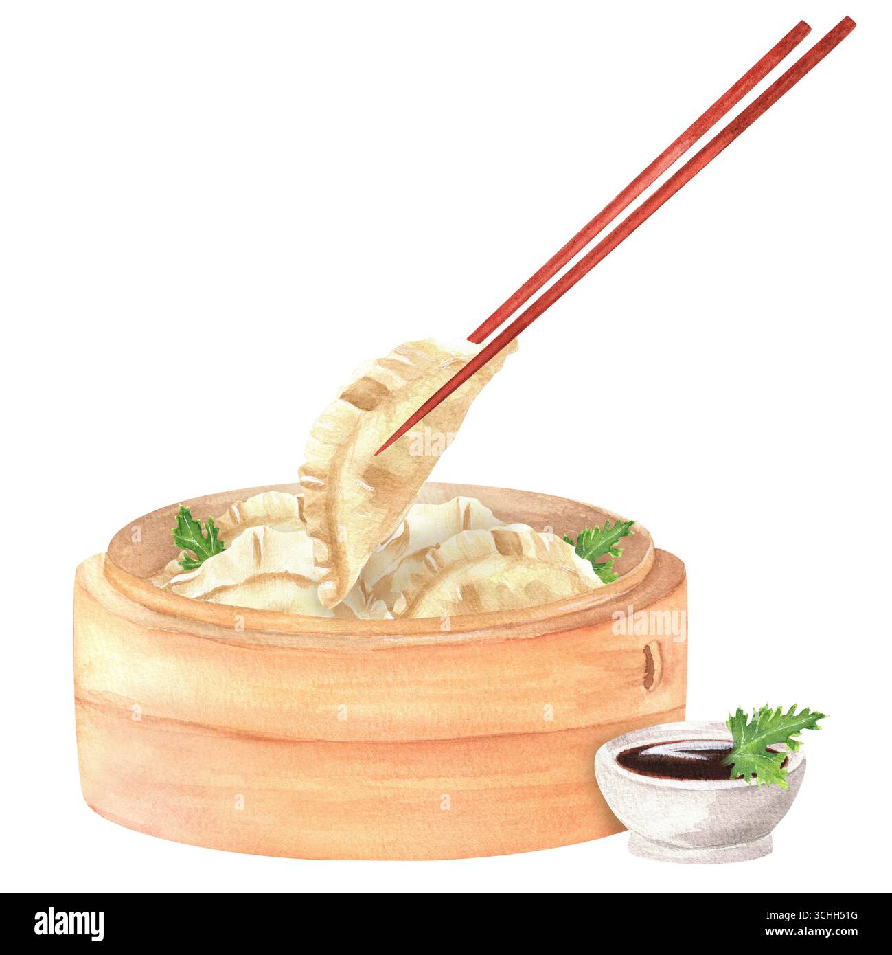 Chinesischer Bambus-Dampfkorb mit Knödeln, Petersilienblättern und Essstäbchen. Aquarell Chinesisches Essen Clipart. Handgezeichnete Illustrationen auf dem Stockfoto