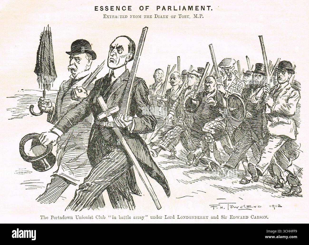 Punch-Cartoon von 1912, in dem Sir Edward Carson und Lord Londonderry den Unionisten-Club Portadown bohren. Eine unionistische Miliz, die 1912 gegründet wurde, um die Home Rule zu blockieren Stockfoto