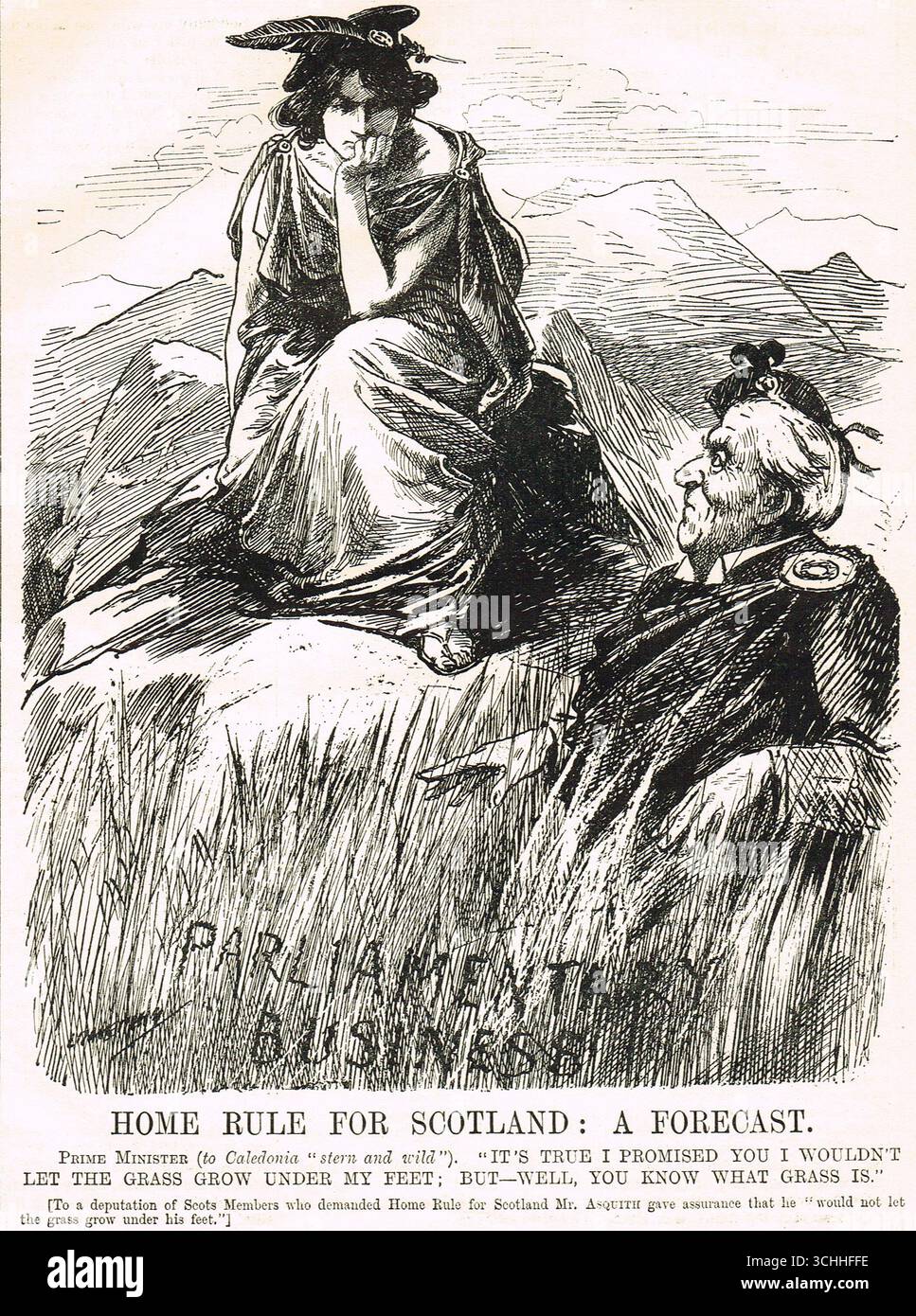 Punch-Cartoon von 1912, der Asquith beschimpfte, die Forderungen von schottischen Mitgliedern, die die Heimherrschaft für Schottland fordern, ablehnte. Stockfoto