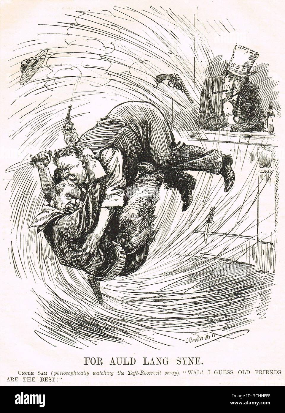 Punch-Cartoon von 1912, in dem Onkel Sam über die Machtkämpfe zwischen Präsident William Howard Taft und Ex-Präsident Theodore Roosevelt amüsierte. Stockfoto
