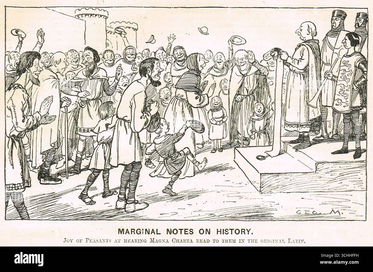 Punsch-Cartoon von 1912. Eine ironische Interpretation der Freude der Bauern, die Magna Charta im lateinischen Original vorzulesen. Stockfoto