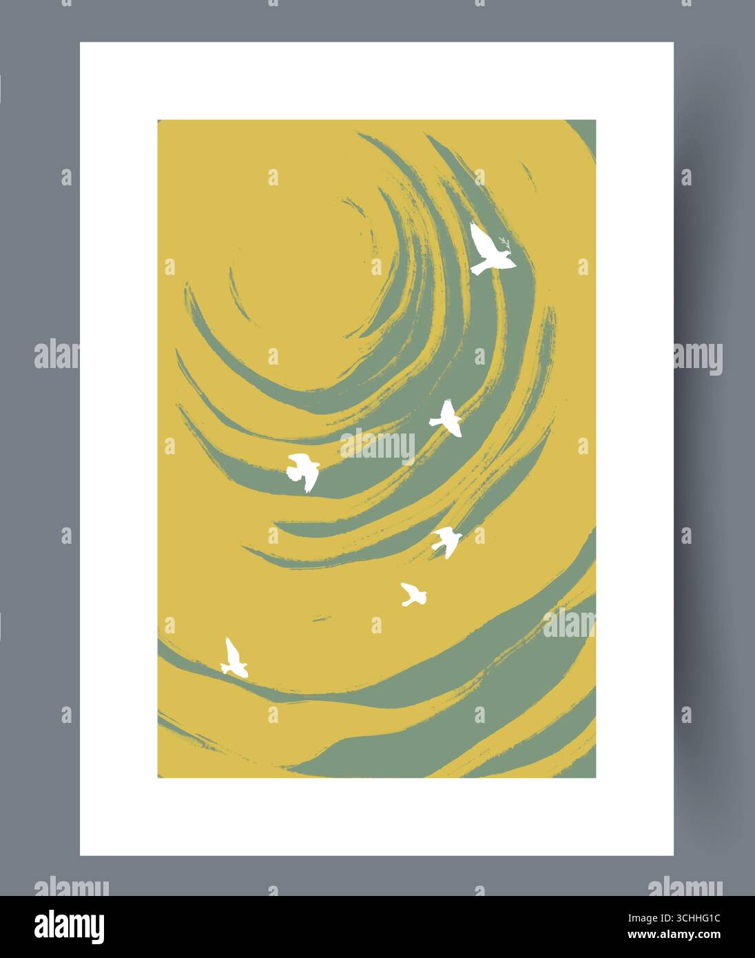 Hoch aufragende Vögel fliegen anmutig in einer wirbelnden Landschaft, die in ästhetischen Gelbtönen gefärbt ist Stock Vektor
