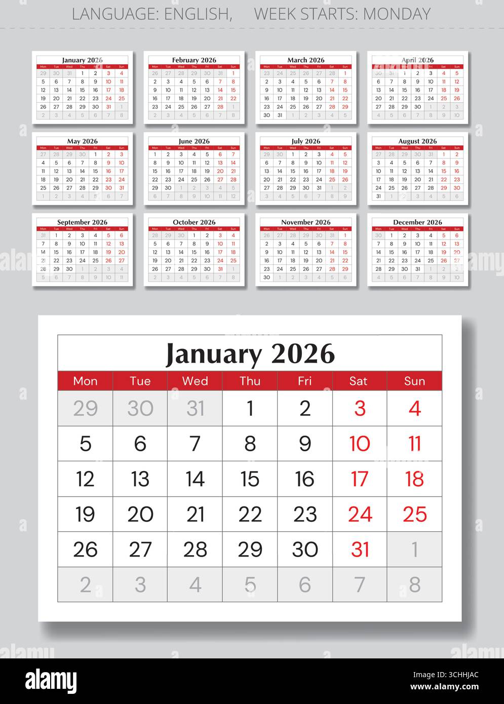 Kalender 2026. Vektorsammlung englischer monatlicher Seitenkalender. Mit Montag beginnen Stock Vektor