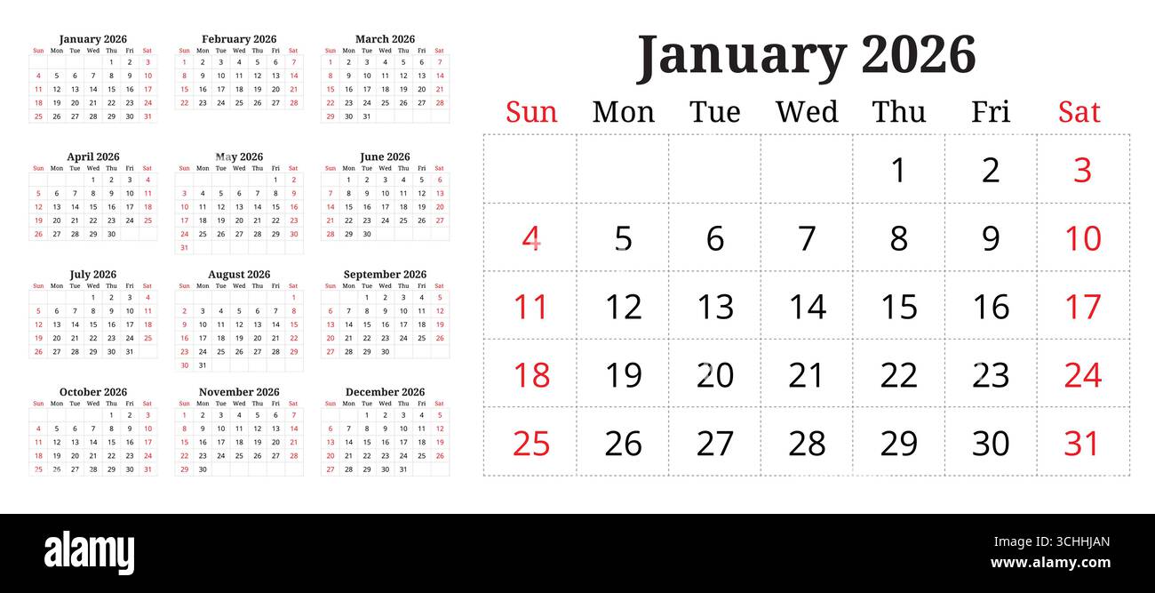 Kalenderplaner 2026. Vektorsammlung des englischen monatlichen Seitenkalenders. Design Sonntag Start Stock Vektor