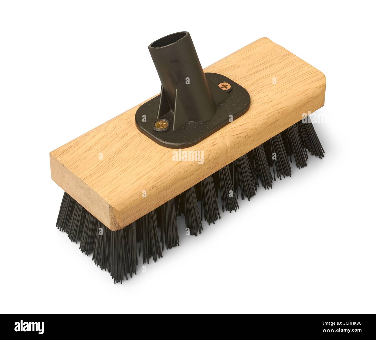 Scheuerbesen- oder Deckbürste mit Holzkopf und schwarzen Borsten isolierter weißer Hintergrund, Nahaufnahme von oben Stockfoto