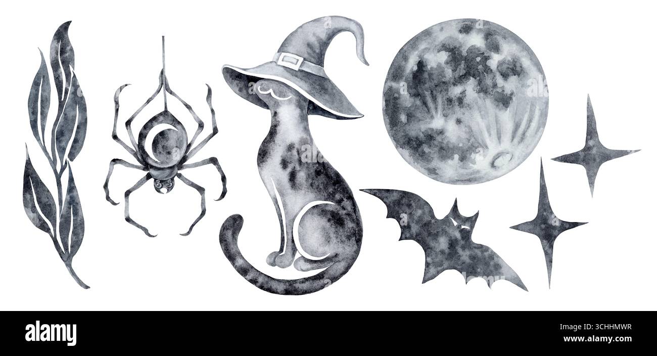 Set mit isolierten Illustrationen für halloween-Katze in einem Hexenhut Fledermaus Mondspinne Sterne Baum Zweig Grafik strukturierte schwarze Aquarelltinte Stockfoto