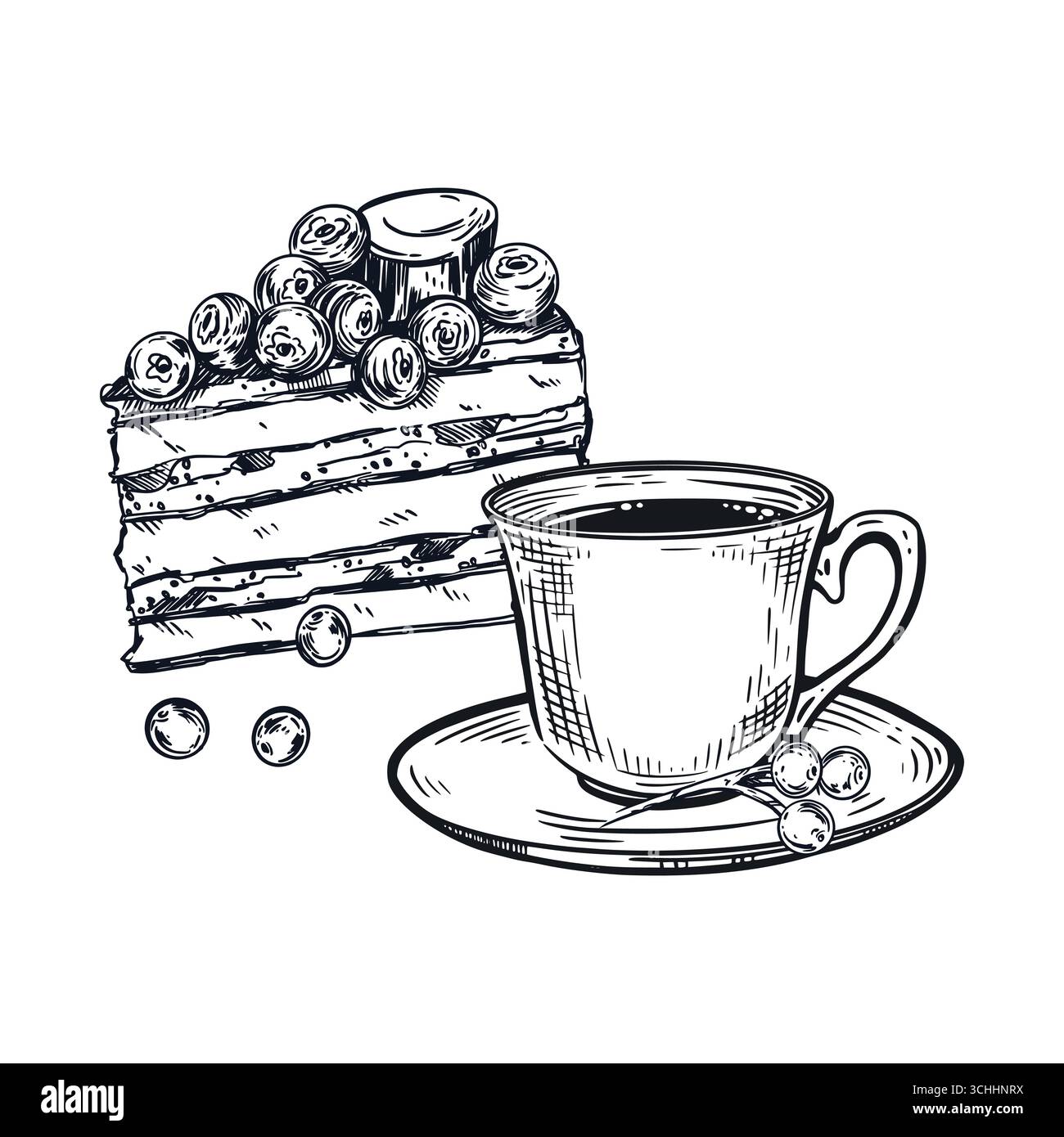Vektorkomposition aus einer Tasse Tee und einem Stück Kuchen mit Beeren. Alles ist handgezeichnet mit Tinte, die Abbildung ist zum Bedrucken geeignet Stock Vektor