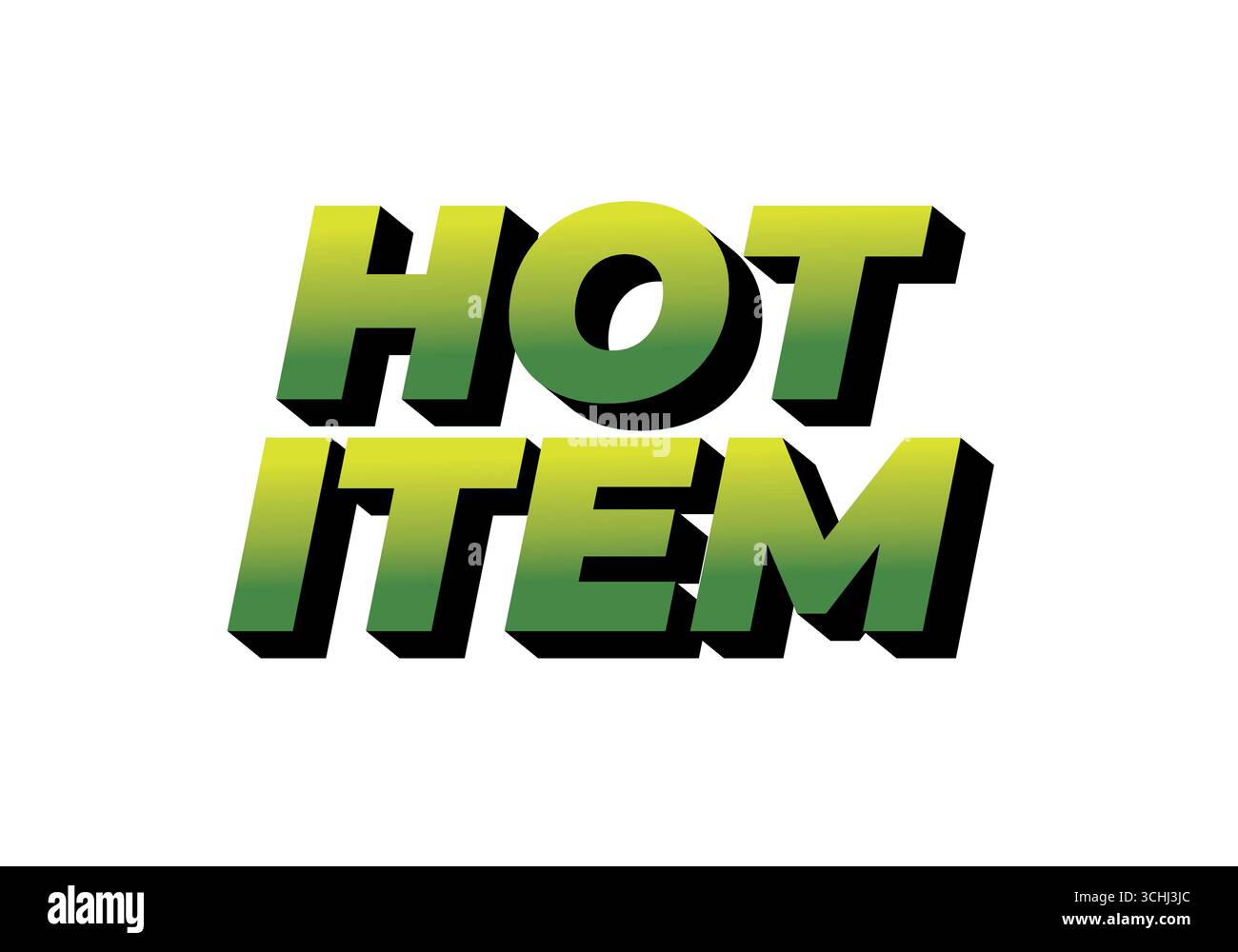 Fett gedruckte Textgrafik mit den Wörtern HOT ITEM in einem grünen Farbverlauf mit Schatteneffekt, geeignet für Werbematerialien. Stock Vektor