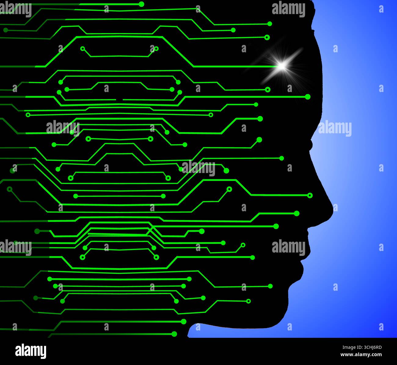 Computerschaltkreise in der Silhouette eines menschlichen Kopfes repräsentieren künstliche Intelligenz-Technologie. Stockfoto