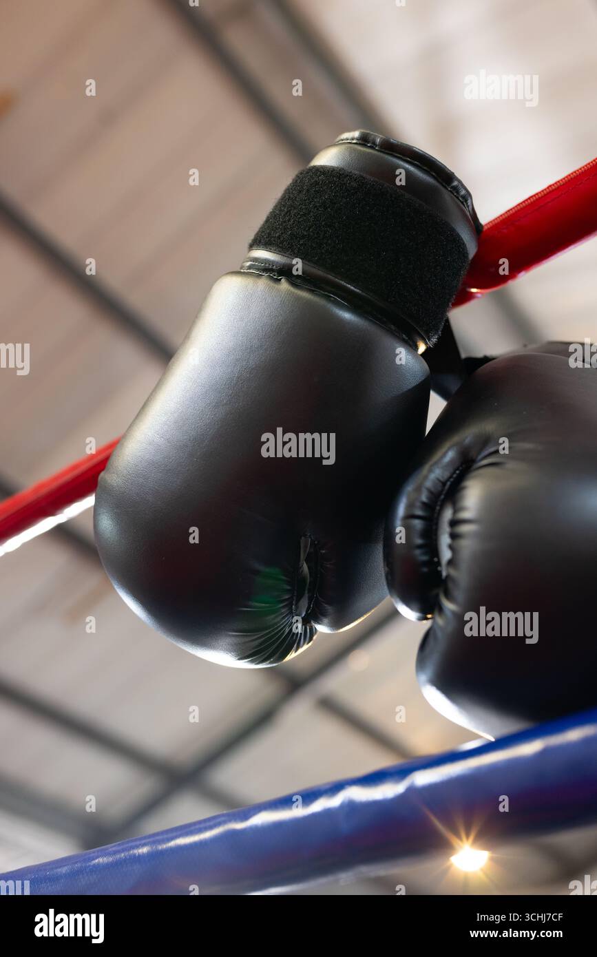 Schwarze Boxhandschuhe aus Leder hängen über dem roten Ringseil über dem blauen Seil im Fitnessstudio Stockfoto