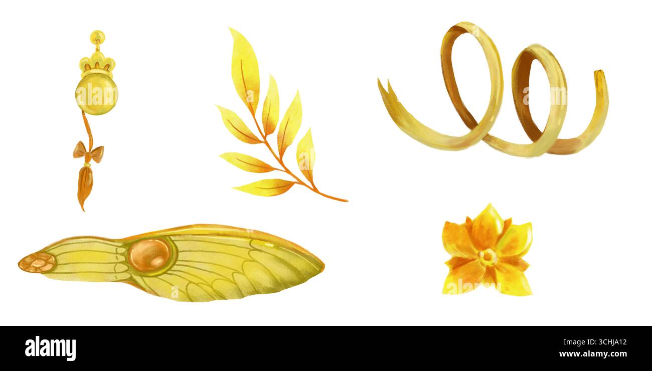 Goldene Perlenohrring, Zweig mit Blättern, Band und Schmetterlingsflügel und Schmuck Rubinsteine Blume und Schleife mit Pinsel. Zauberset für Aquarelle. Für Vinta Stockfoto